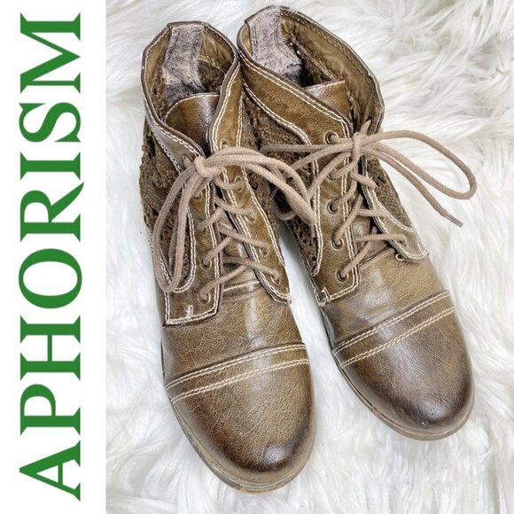 APHORISM Caramel Brown Faux Leather Lace Inset Boho Bootie, Size 6.5 - Picture 2 of 11